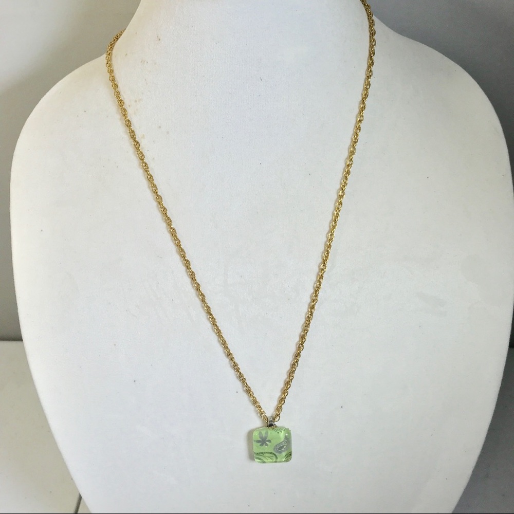 Green Pattern Resin Necklace w 24” Gold Tone chain